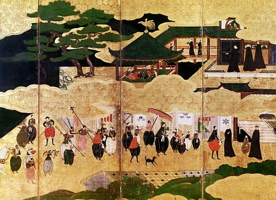 The Arrival of the Portuguese in Japan, detail of the right-hand section of a folding screen, Kano S od Japanese School