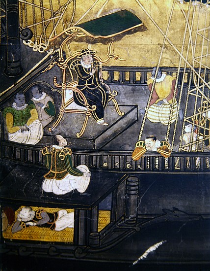 The Arrival of the Portuguese in Japan, detail showing men in the central part of a ship, from a Nam od Japanese School