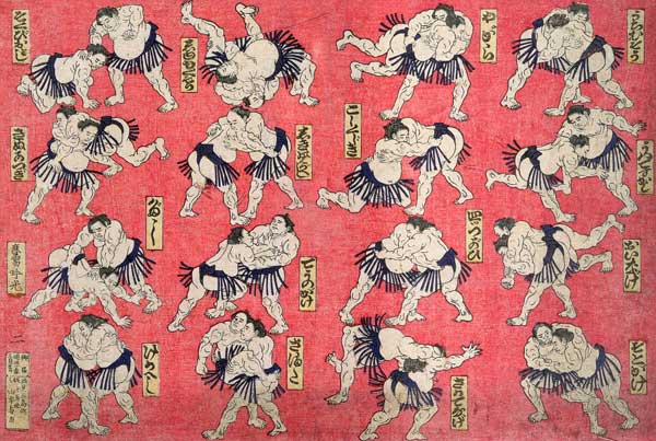 Sumo wrestlers (hand tinted wood engraving on paper) od Japanese School, (19th century)