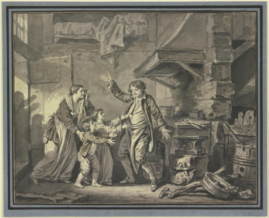 In einer Schmiede fleht ein Weib mit zwei Kindern einen Mann an od Jean Baptiste Greuze