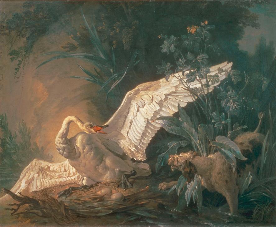Chien barbet attaquant un cygne dans son nid od Jean Baptiste Oudry