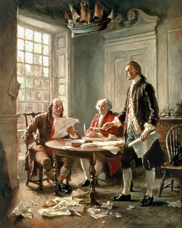 The Drafting of the Declaration of Independence in 1776: (LtoR) Benjamin Franklin (1706-90) od Jean Léon Gérôme Ferris