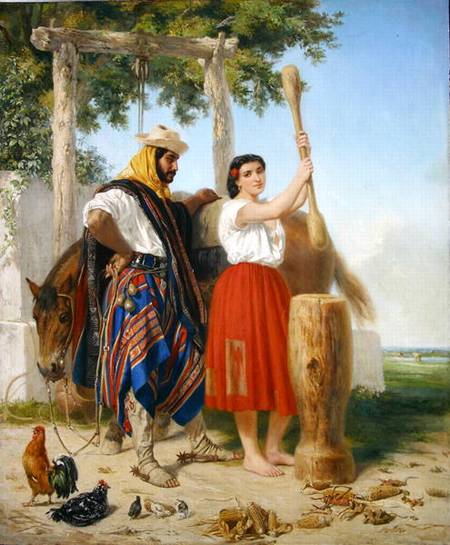 The pounding of the corn; Spanish American Scene od Jean-Leon Palliere