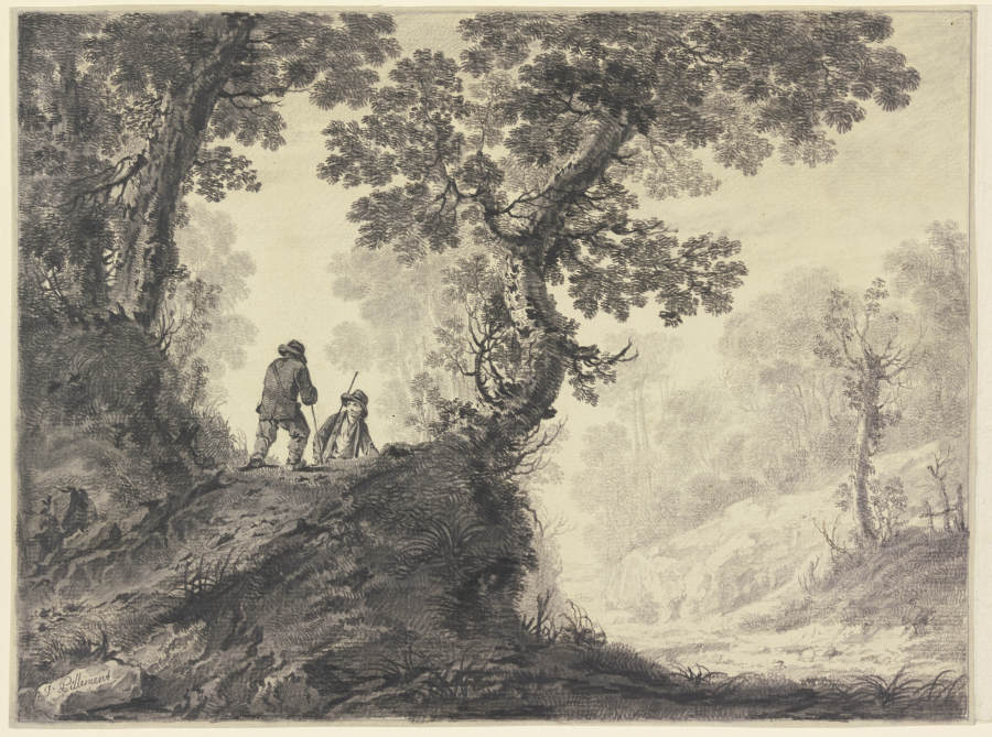 Waldlandschaft, links auf einer Anhöhe zwei Wanderer od Jean Pillement