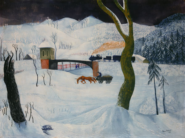 Winter landscape with waggon and train od Jenö Paiss-Goebel