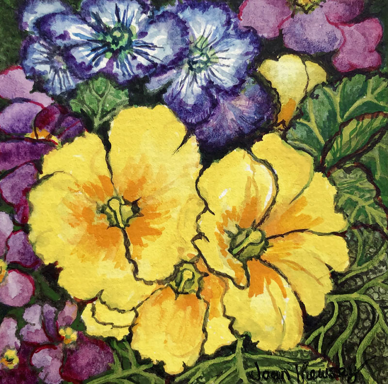 Three Yellow Primroses surrounded by mauve and purple primroses and leaves od Joan  Thewsey
