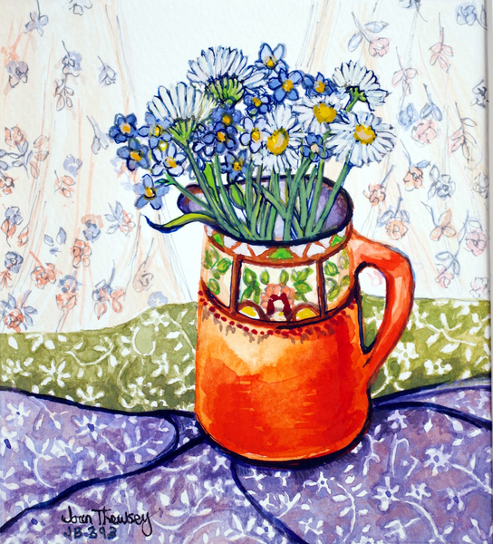 Daisies and Forget-Me-Nots Orange Jug and Patterned Fabric od Joan  Thewsey