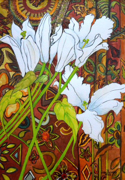 Lilies against a Patterned Fabric od Joan  Thewsey