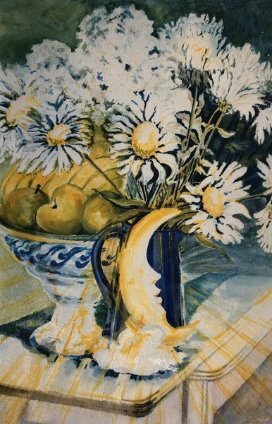 Marguerites in a Blue Jug with a Moon Lamp od Joan  Thewsey