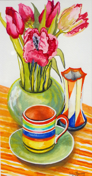 Striped Cup with Saucer, Vase and Tulips od Joan  Thewsey