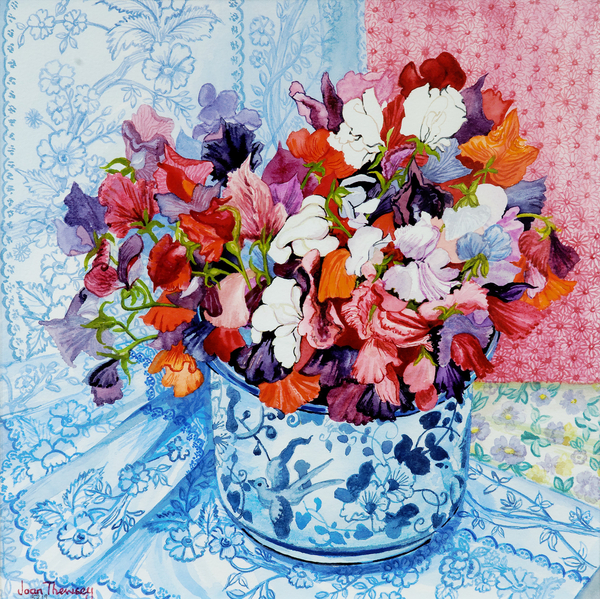 Sweet Peas in a Blue and White Pot od Joan  Thewsey