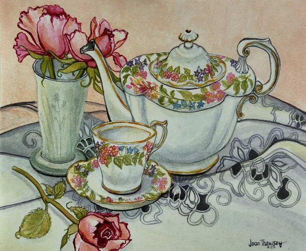 Teatime with Roses and a cutwork cloth od Joan  Thewsey
