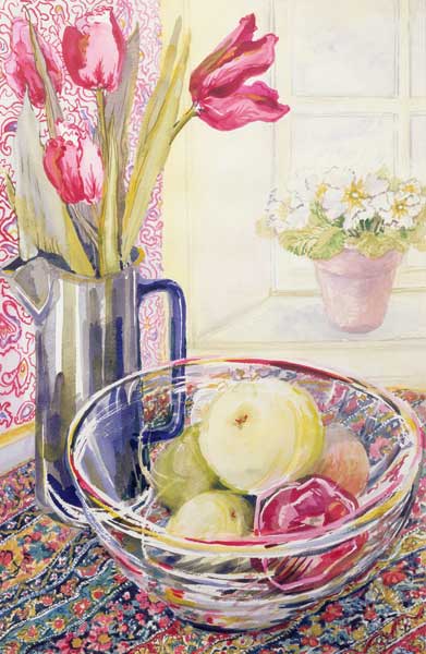 Tulips with Fruit in a Glass Bowl (w/c)  od Joan  Thewsey