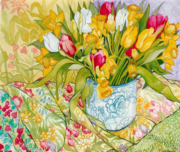 Tulips and Daffodils with Patterned Textiles od Joan  Thewsey
