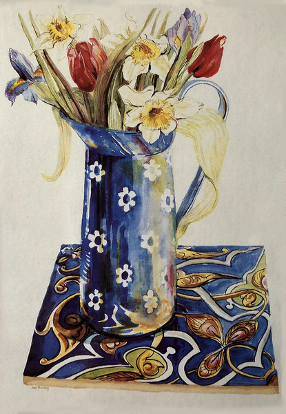Tulips, Iris and Narcissus in a Blue Enamel Jug with an Italian Tile od Joan  Thewsey