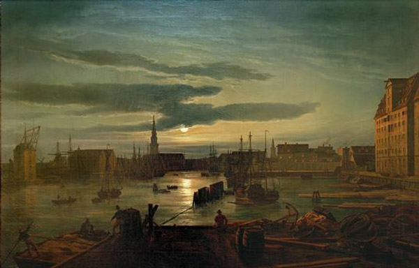 Der Kopenhagener Hafen im Mondlicht od Johan Christian Clausen Dahl