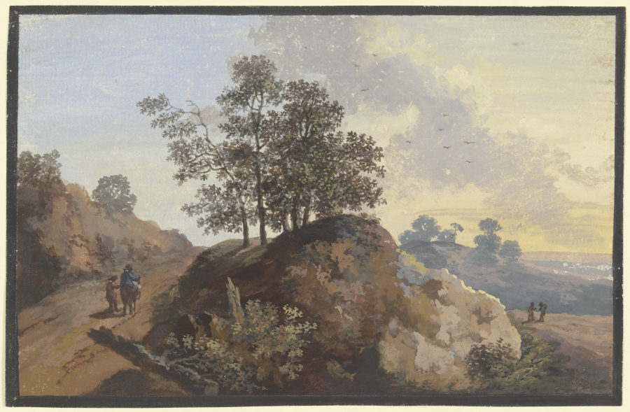 Baumpartie mit Felsen zwischen zwei Wegen, links zwei Männer, einer beritten, rechts zwei Figuren un od Johann Alexander Thiele