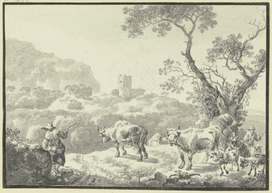 Landschaft mit einer Burgruine, zwei Hirten führen ihre Viehherde von rechts herbei od Johann Christian Klengel