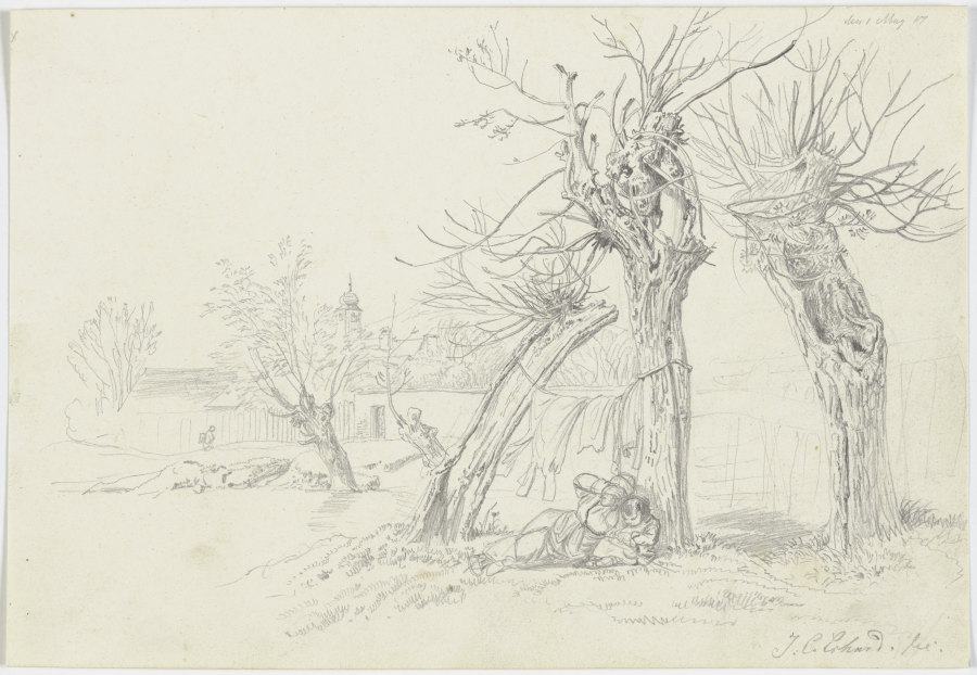 Unter Weidenbäumen wird Wäsche getrocknet, darunter liegt eine Frau mit Kinde, hinten ein Dorf od Johann Christoph Erhard