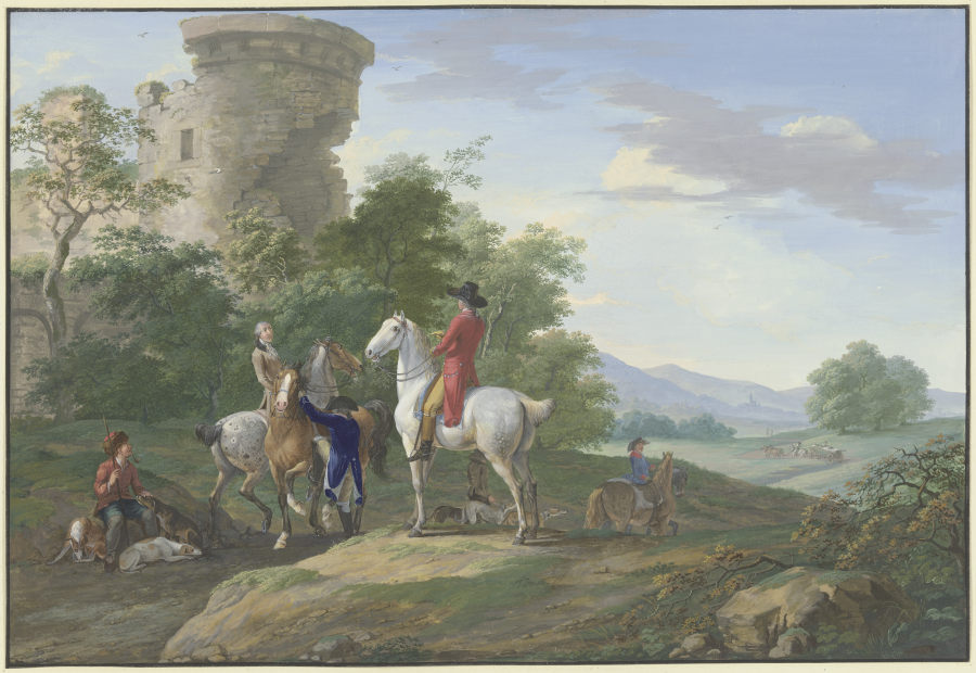 Jäger mit Pferden und Jagdhunden machen bei einer Ruine halt od Johann Georg Pforr