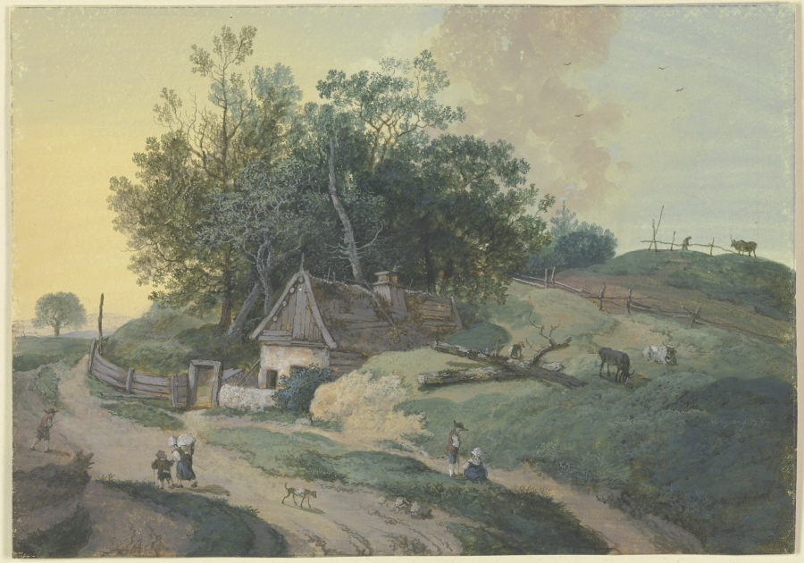 Bauernhaus am Weg unter Bäumen, Staffage von vielen Figuren und weidendem Vieh od Johann Georg Wagner