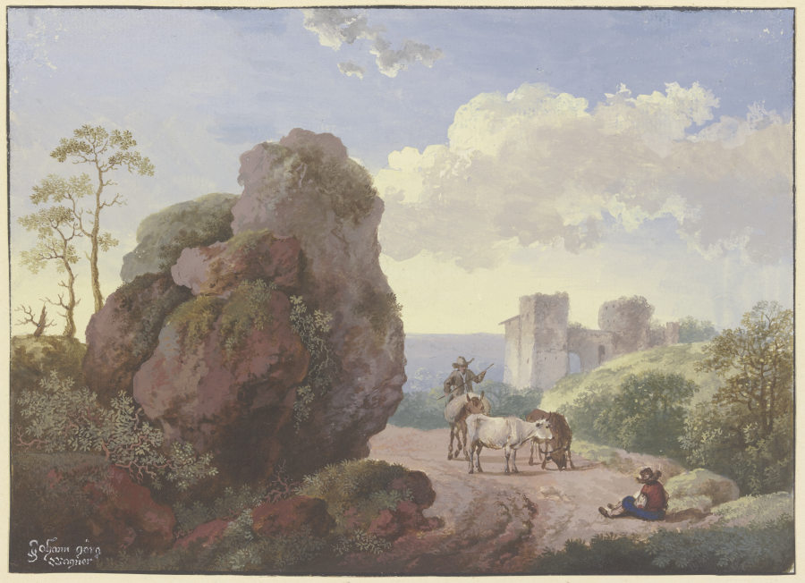 Ein großer Fels neben einem Weg mit Hirten und Vieh, rechts eine Ruine od Johann Georg Wagner