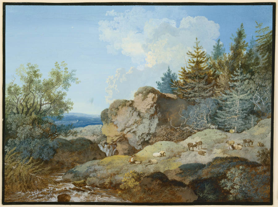 Waldlandschaft im Gebirge mit Herde und Gewässer od Johann Georg Wagner