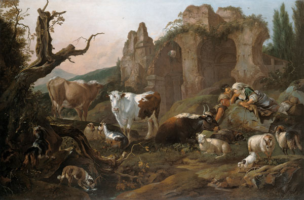 Farm animals in a landscape od Johann Heinrich Roos