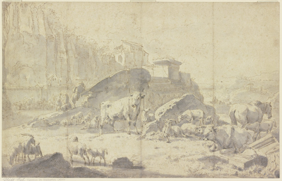 Herde von Ziegen, Schafen, Kühen und Pferden in einer italienischen Berglandschaft mit Ruinen od Johann Heinrich Roos