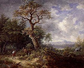 Woodland landscape with hiker and dog.