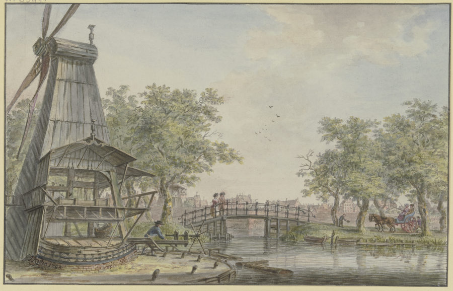 Holländische Landschaft an einem Kanal, über den eine Brücke führt od Johann Jakob Koller