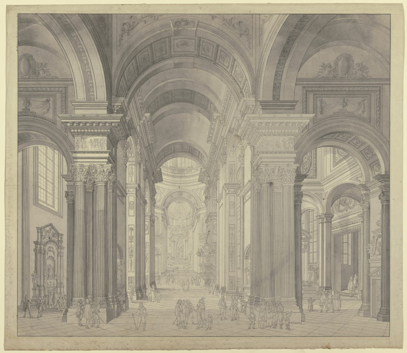 Blick in das Innere einer Barockkirche mit Staffagefiguren in der Tracht des 17. Jahrhunderts od Johann Ludwig Ernst Morgenstern