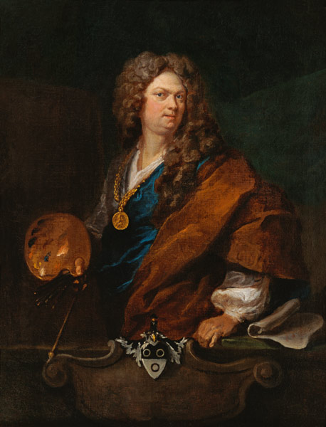 Self-portrait with family armses od Johann Rudolf Huber d.Ä.