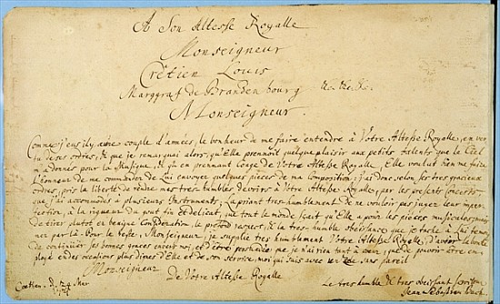 Handwritten dedication of ''Brandenburger Concertos'' to Christian Ludwig, Margrave of Brandenburg 2 od Johann Sebastian Bach