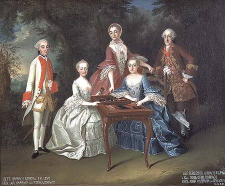 Group portrait of the Harrach family playing backgammon including General Count Ferdinand Harrach, C od Johann Wilhelm Hoffnas or Hofnaas