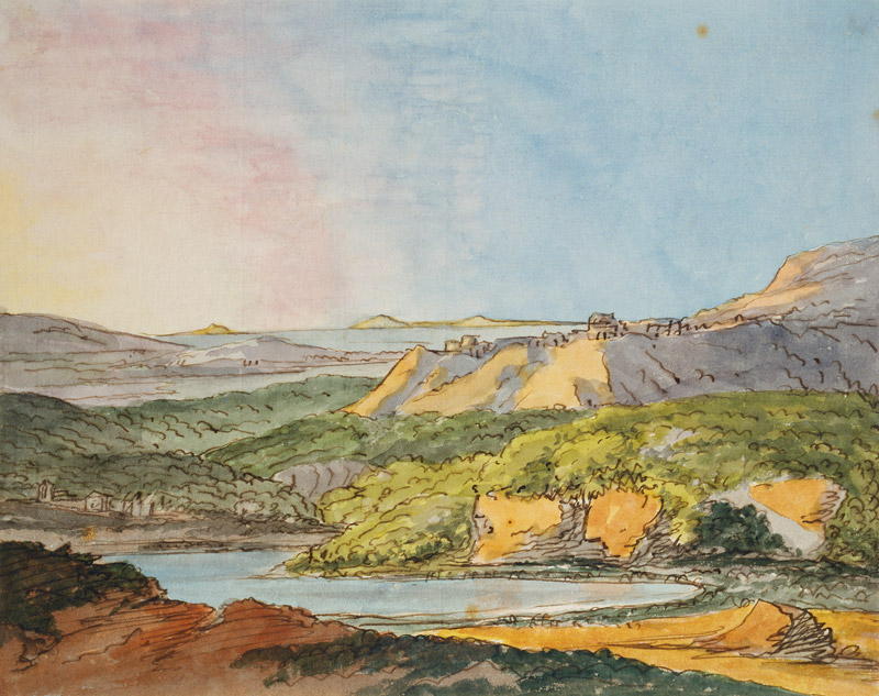 Südliche Landschaft am Meer mit bewaldeten Hügeln und einem Gewässer im Vordergrund od Johann Wolfgang von Goethe