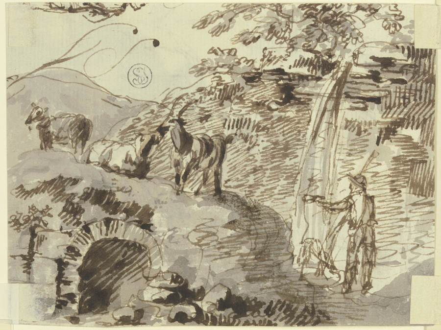 Ein Hirte mit drei Ziegen, Wassser schöpfend od Johann Andreas Herrlein