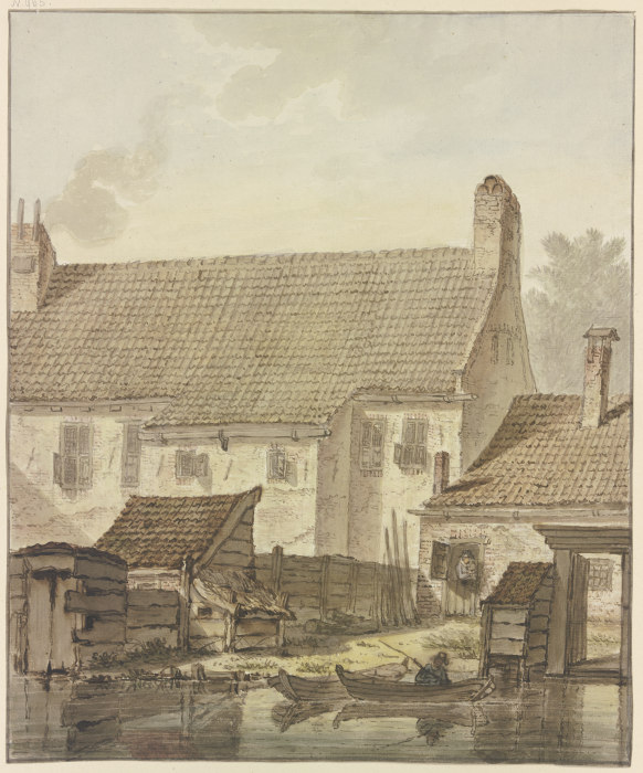 Häuserzeile am Wasser, vorne zwei Kähne mit einem Angler od Johannes Hendrik Knoop