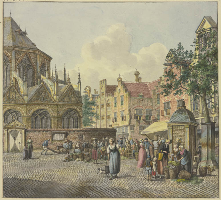 Links der Chor einer Kirche, rechts ein Brunnenhaus, mit Gemüseverkäuferinnen od Johannes Huibert Prins