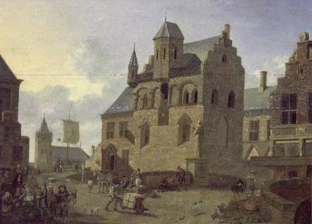 Town square with figures and peasants trading in a market place (panel) od Johannes Huibert Prins