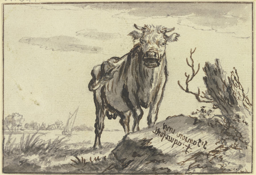 Ein Stier von vorne gesehen bei einem Baumstamm od Johannes Janson
