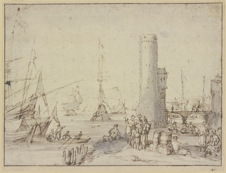 Ein Hafen mit einem Leuchtturm, im Vordergrund figürliche Staffage, unter anderem eine Gruppe von zw od Johannes Lingelbach