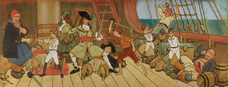 The Lost Boys in Combat with the Pirates and Peter in the Final Duel with Captain Hook, illustration od John Hassall