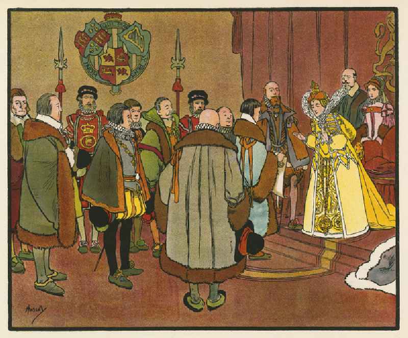 Elizabeth I refuses the Crown of the Netherlands (colour litho) od John Hassall