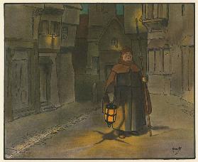 Elizabethan London at night (colour litho)