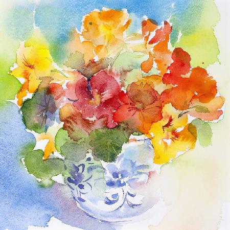 Nasturtium in Delft vase