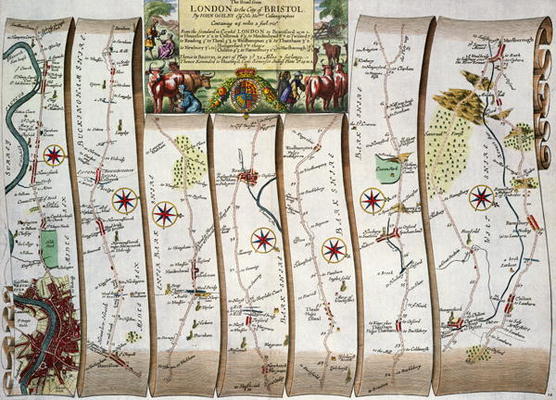 Road from London to Bristol, from John Ogilby's 'Britannia', published London, 1675 (hand-coloured e od John Ogilby