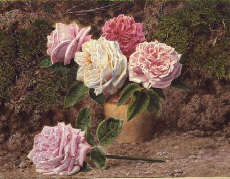 Roses in an Earthenware Vase by a Mossy Bank od John Sherrin