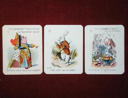 Three 'Happy Family' cards depicting characters from 'Alice in Wonderland' by Lewis Carroll (1832-98 od John Tenniel