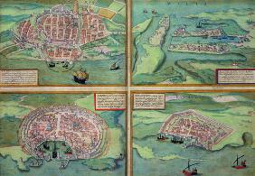 Map of Calais, Malta, Rhodes, and Famagusta, from 'Civitates Orbis Terrarum' by Georg Braun (1541-16